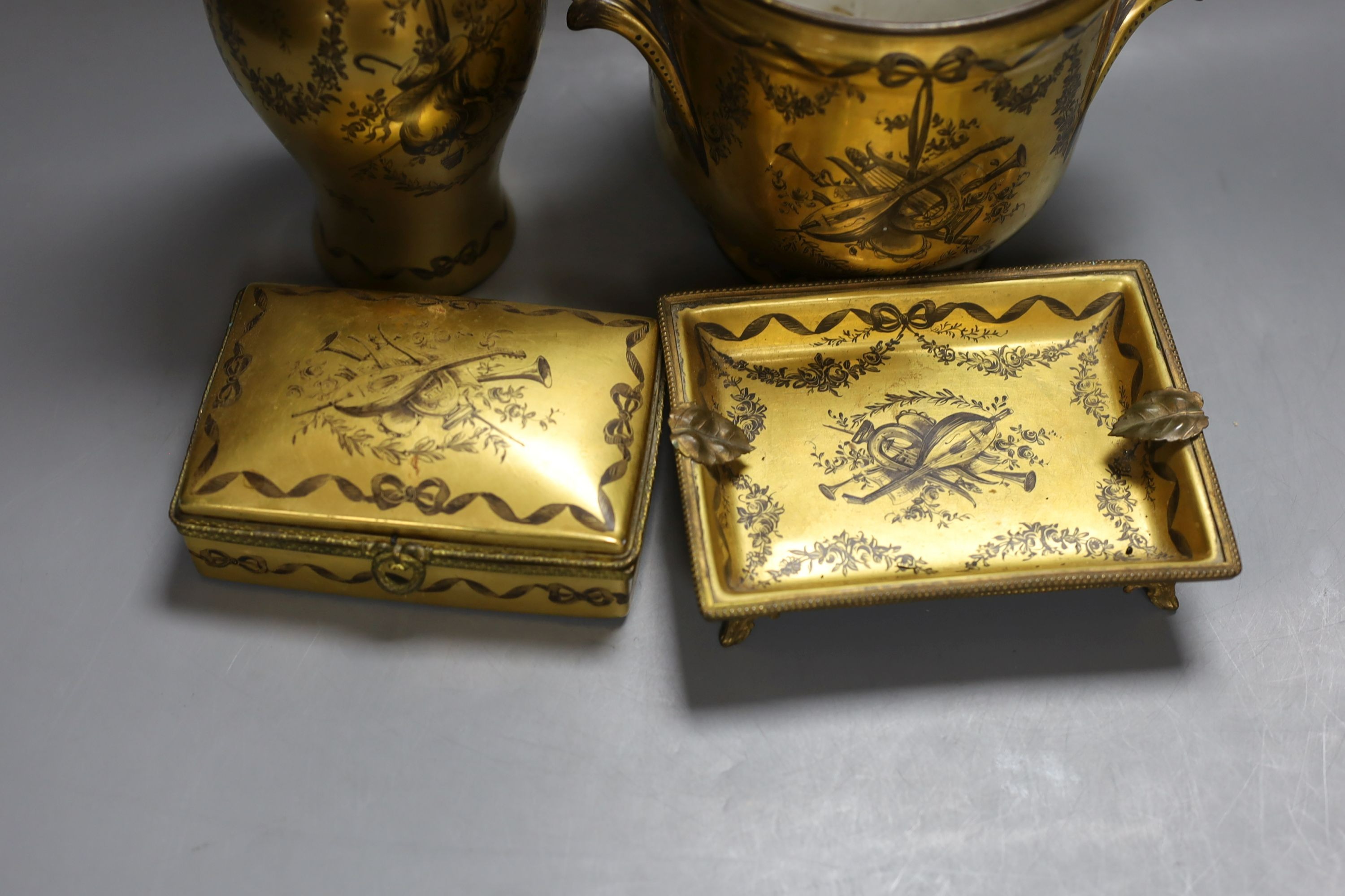A French gilt ground porcelain cache pot, together with a matching box, ashtray and a vase - tallest 24cm